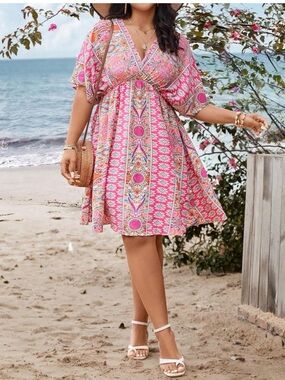 Plus Size Pink Paisley Summer Vacation Short Dress.